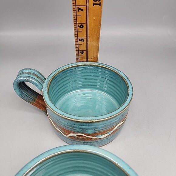 Set Of 2 Artisan Pottery Handeled Bowls Drip Glaze Teal Beige Beautiful - Picture 6 of 7